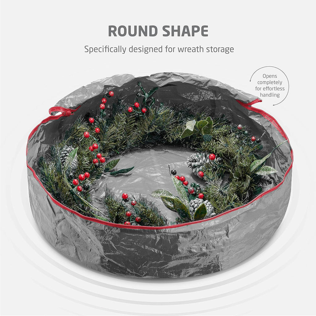 ZOBER Christmas Wreath Storage Container - 30 Inch Dual Zippered Bag with Durable Handles - Gray
