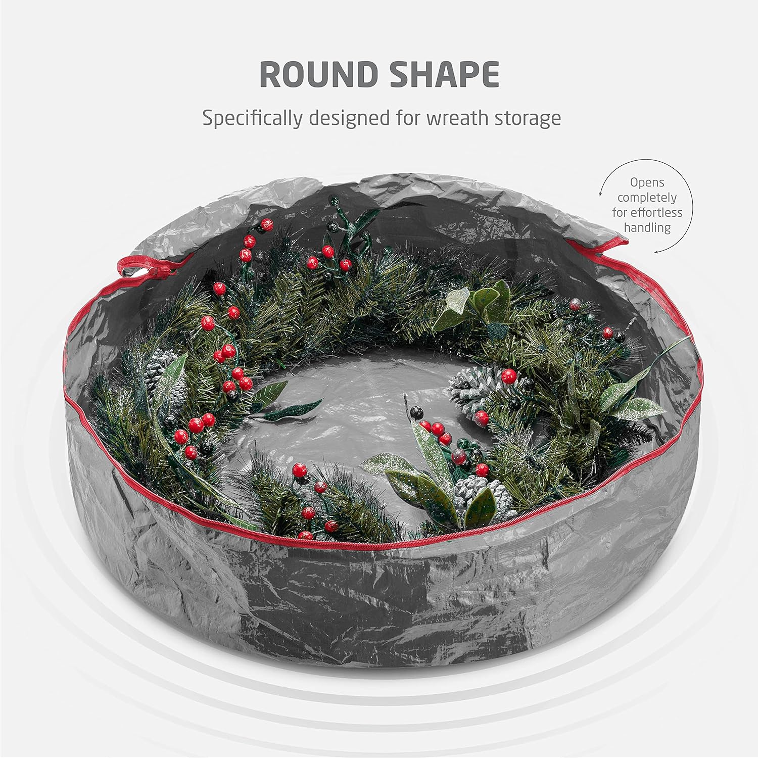 ZOBER Christmas Wreath Storage Container - 30 Inch Dual Zippered Bag with Durable Handles - Gray