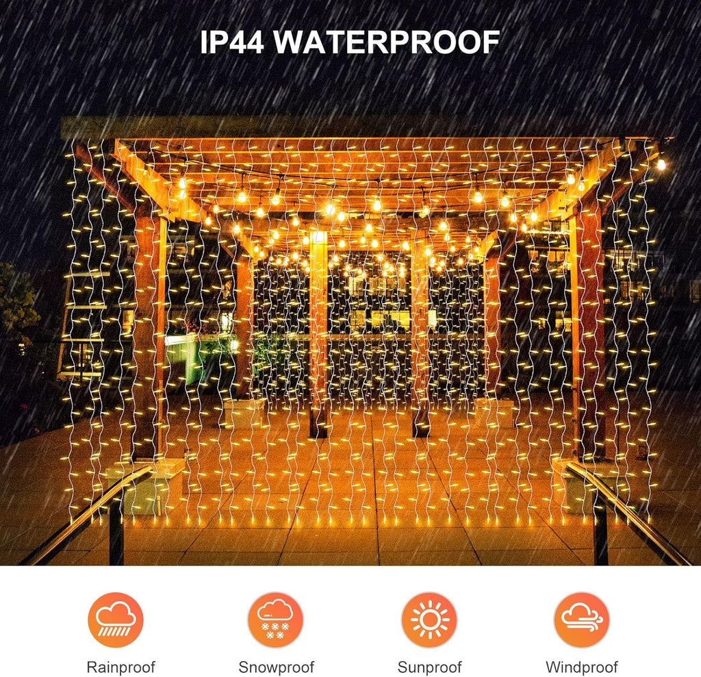 THKFUL Fairy Curtain Lights - 20 x 6.6FT 408LED Warm White String Lights | Waterproof & Remote-Controlled for Bedroom, Balcony, Garden