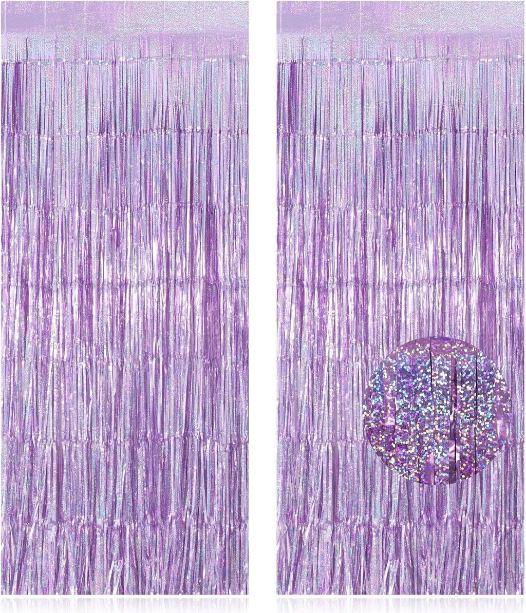 Skiennix Fringe Curtains - 2 Pack Foil Backdrops for Birthday, Wedding, and Graduation Decor - Light Purple