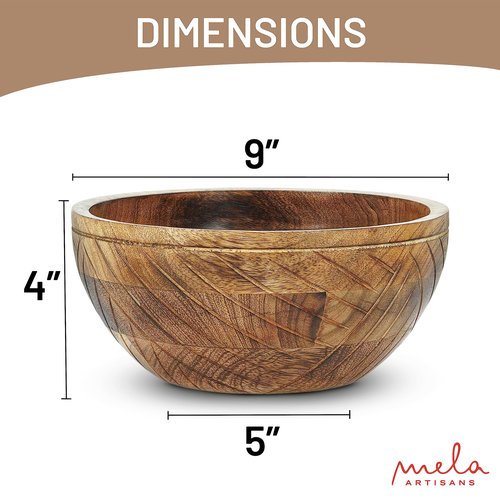 Mela Artisans Wooden Fruit Bowl | Light Burnt Finish | 9” Decorative Mango Wood Serving Bowl | Multipurpose for Kitchen Countertop | Salad | Dessert | Snacks | Breads & More | Natural Grain Pattern