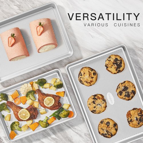 HONGBAKE Baking Sheet Pan Set - Nonstick Cookie Sheets with Diamond Texture | Heavy Duty Silver Pans