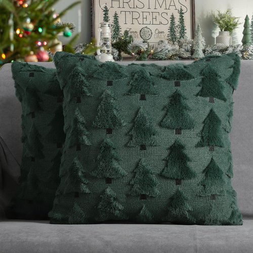 4TH Emotion Christmas Trees Decorative Pillow Covers 18x18 Set of 2, Green Soft Plush Faux Fur Farmhouse Throw Cushion Cases for Xmas Winter Holiday Home Decor