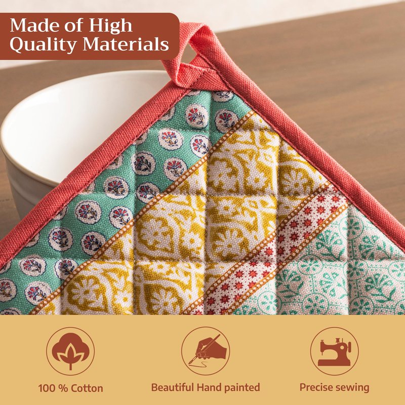 Maison d' Hermine Pot Holders 100% Cotton Heat Resistant Potholders 8" x 8" Hot Pads with Loop BBQ Cooking Baking Gifts for Mothers Day Handling Hot Pans Spring/Summer (Pack of 2, Provence)