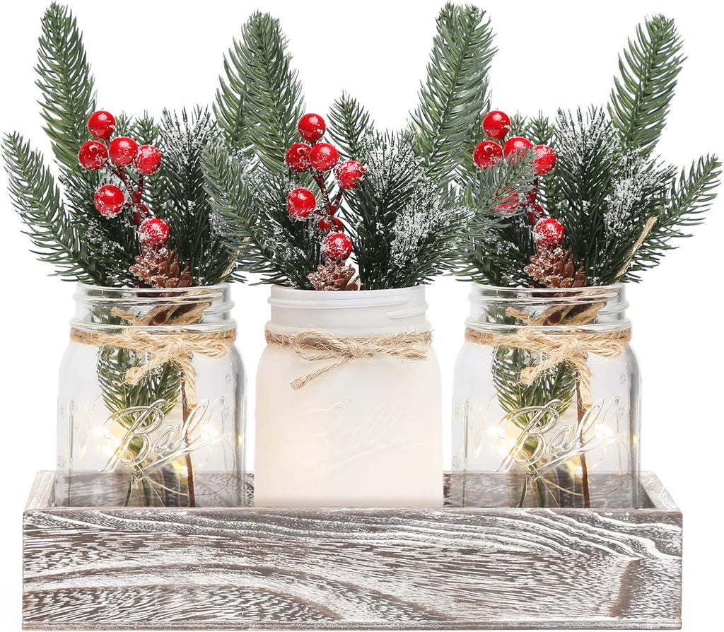 Skiennix Winter Mason Jar Centerpiece - LED Lights & Artificial Plants | Set of 3 for Festive Home Decor