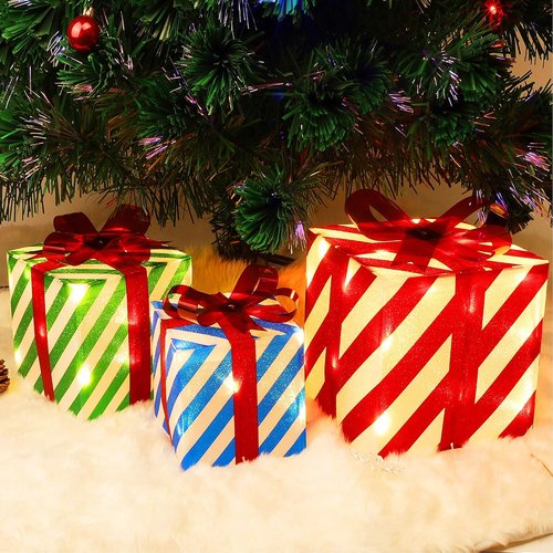 Juegoal Lighted Gift Boxes Set - Pre-Lit Christmas Decorations with 45 LED Lights | Indoor/Outdoor Holiday Ornaments in Red, Green, and Blue