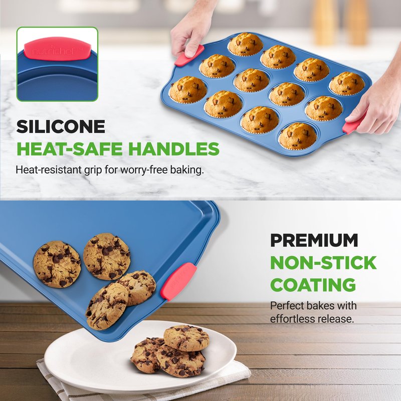 NutriChef 8-Piece Bakeware Set - Nonstick Carbon Steel Baking Pans with Red Silicone Handles, Blue Coating, Durable & Stain-Resistant, Perfect for Baking Cakes, Muffins, Cookies (Blue)