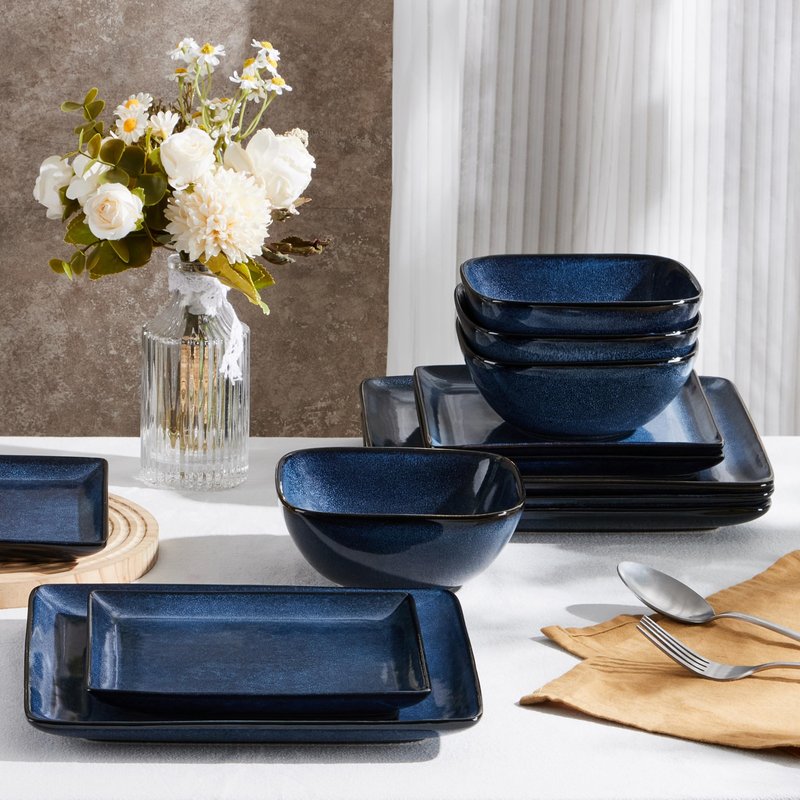 E-far Square Plates and Bowls Sets, 12-Piece Stoneware Dinnerware Sets for 4, Reactive Glaze Dish Set, Chip and Scratch Resistant, Microwave and Dishwasher Safe, Ocean Blue