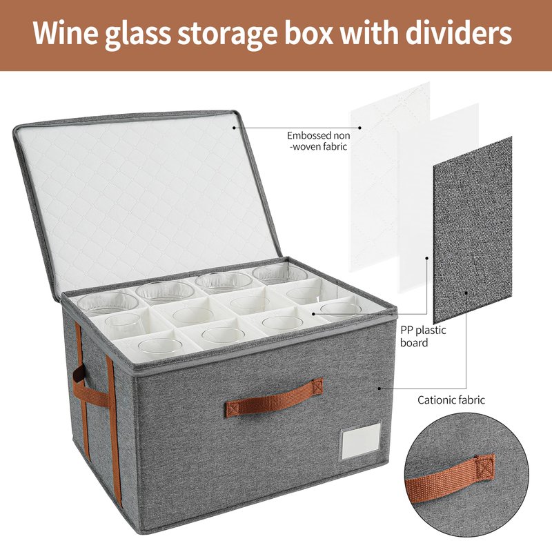 Asitdroh Stemware storage containers, wine glass storage box ，wine glass storage box with dividers，glass storage containers，Holds 12 Red or White Wine Glasses, Hard Top and Sides(Grey red,