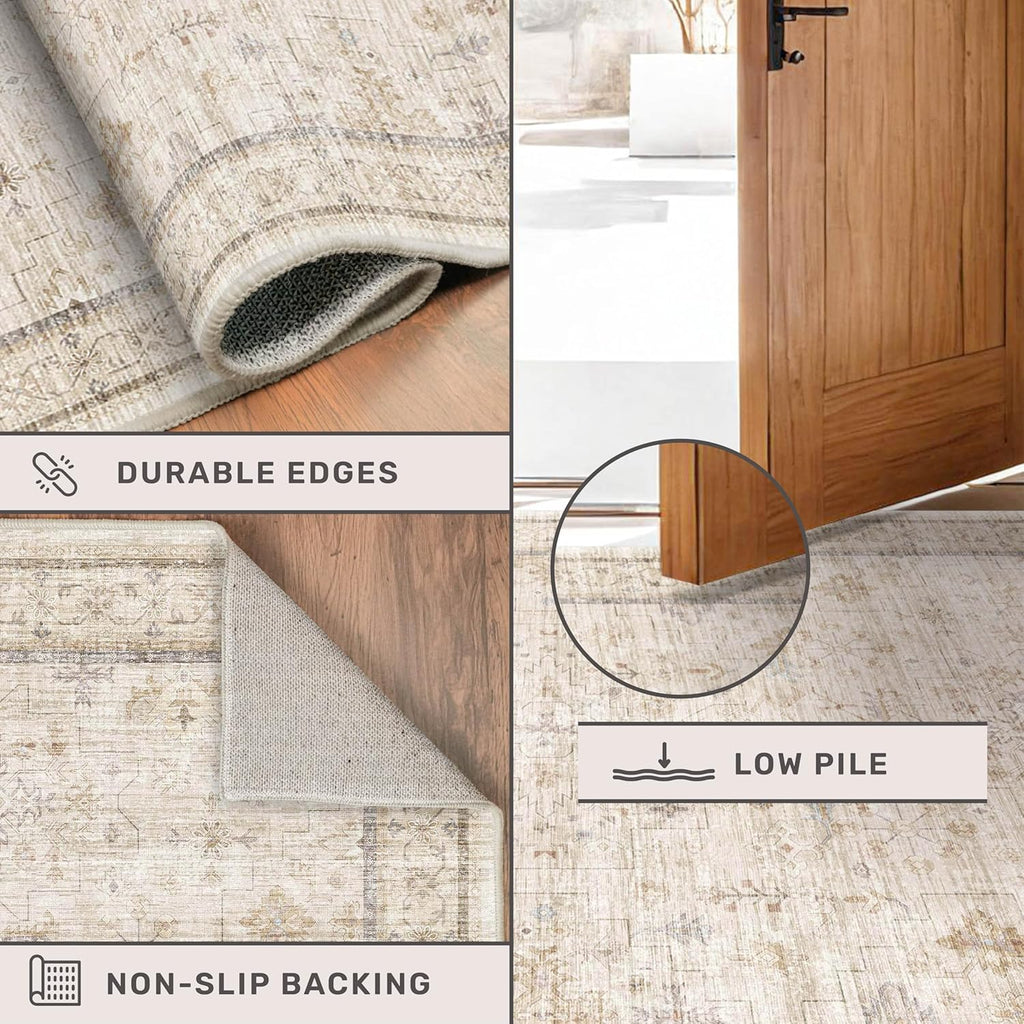 Washable Ivory 6x9 Living Room Rug - Non-Slip Dining Rug for Under Table | Low Pile Farmhouse Carpet