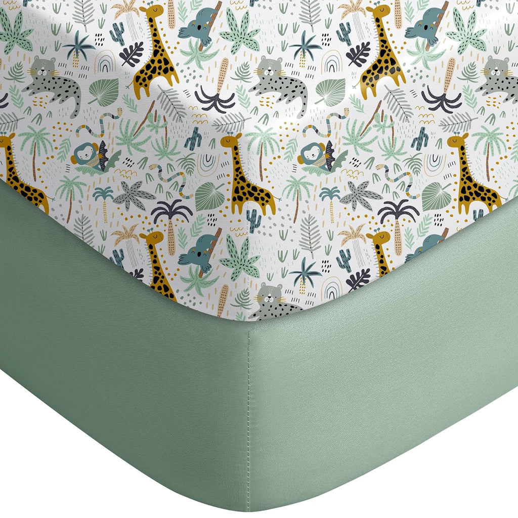 Yoofoss Fitted Pack and Play Sheets - Soft, Breathable 2-Pack Mini Crib Sheets in Green & Giraffe Design