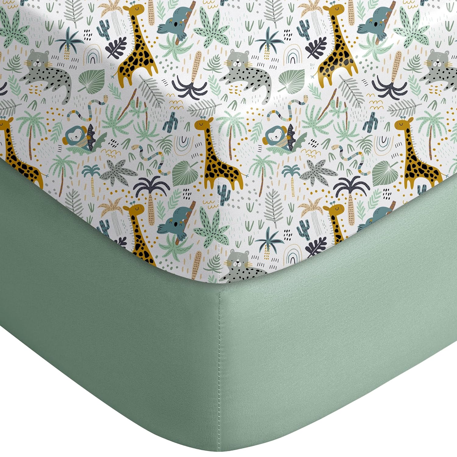 Yoofoss Fitted Pack and Play Sheets - Soft, Breathable 2-Pack Mini Crib Sheets in Green & Giraffe Design