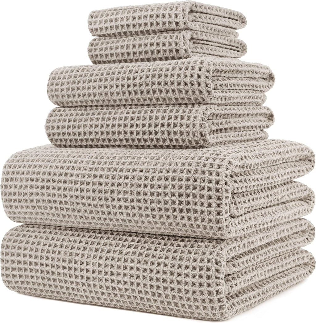 POLYTE Oversize Bath Towel Set - 6 Piece Quick Dry Microfiber, Lint-Free & Waffle Weave Design