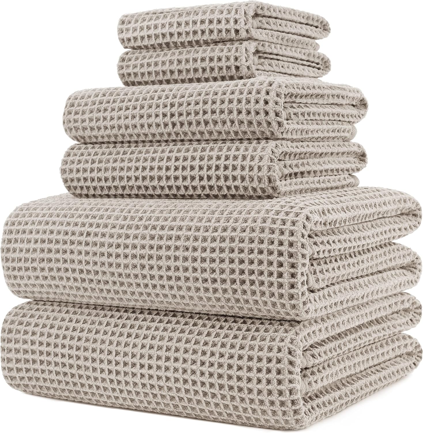 POLYTE Oversize Bath Towel Set - 6 Piece Quick Dry Microfiber, Lint-Free & Waffle Weave Design