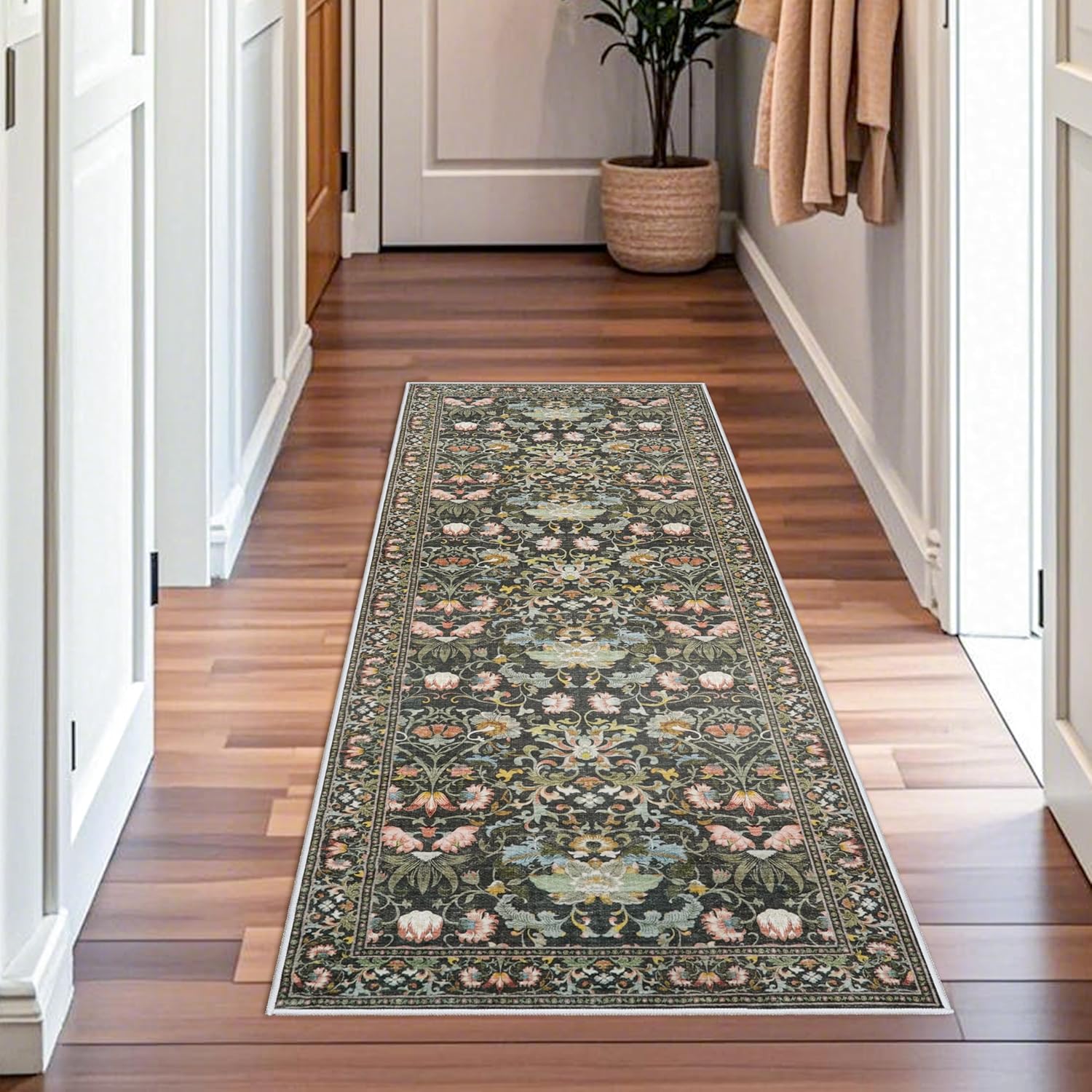 Skiennix Vintage Floral Hallway Runner Rug - Washable, Non-Slip, Water Resistant | 2x6 Green Soft Carpet for Living Room, Bedroom, Bathroom