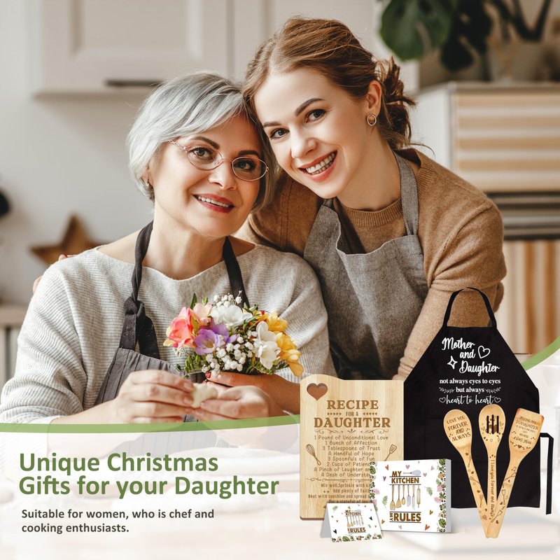 Daughter Gifts, Daughter Kitchen Gifts from Mom, Valentines Day Gift Wooden Cutting Board with Cooking Utensils Set with Apron, Great Daughter Mother's Day Gift