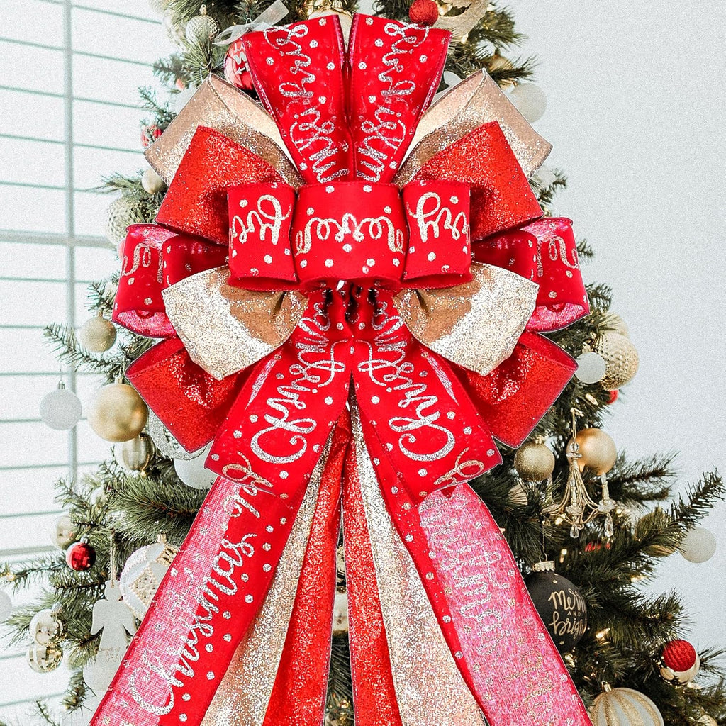 Regine Switzerland Christmas Tree Topper - Large 45"x12" Rustic Red Wreath Bow with Letter Pattern for Holiday Decor