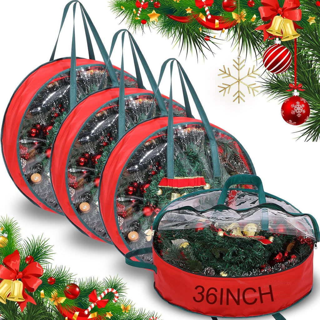 Shappy Wreath Storage Bag - 4 Pcs Red Clear Window Containers with Handles | 36 Inch Holiday Garland