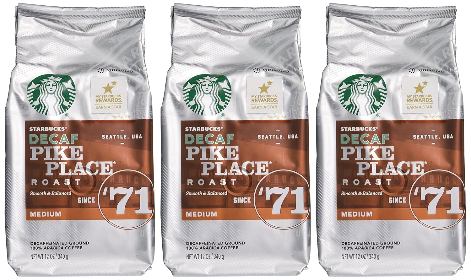 Starbucks Decaf Pike Place Roast - Ground Coffee, 12 oz Bag | Pack of 3 for Smooth Flavor