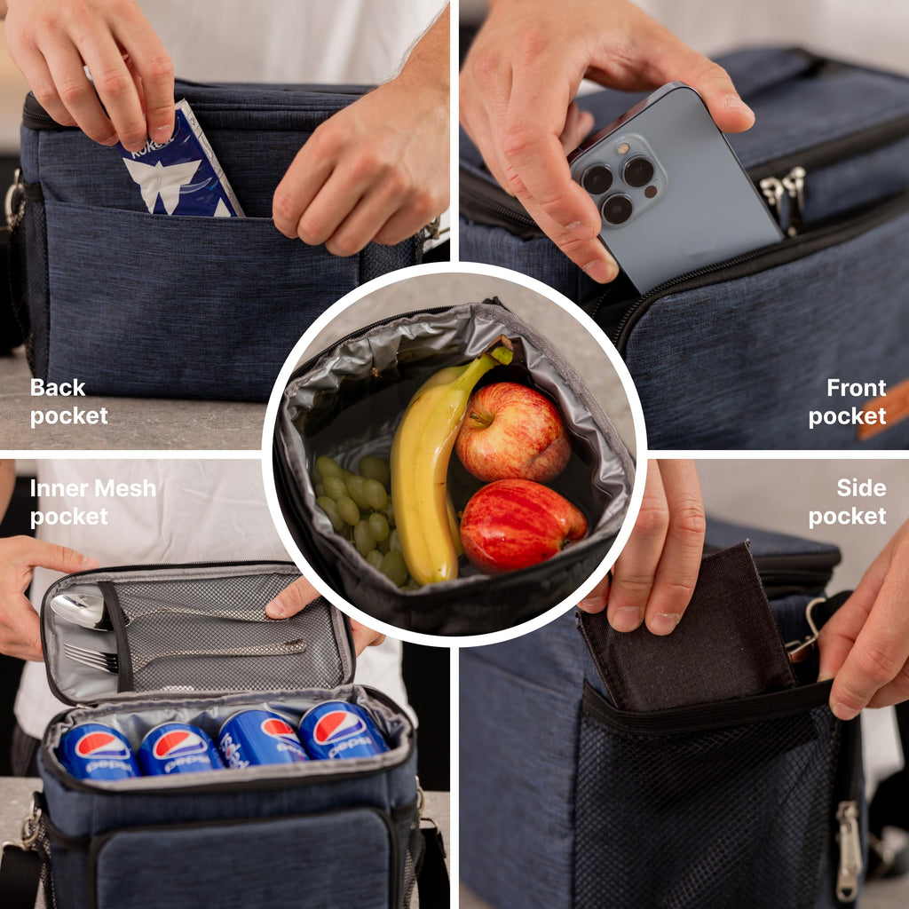 (Not Made in China) Insulated Lunch Bag, Men's Lunch Box, Leakproof, Collapsible, Soft Sided Cooler W/Adjustable Shoulder Strap (Navy Blue)