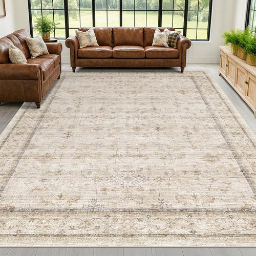 Beige Cream Area Rug - Soft Geometric Floral Design for Living Room | Large 10x12 Size, Non-Slip & Stain Resistant