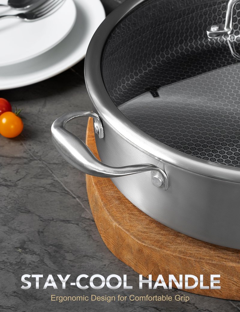 MICHELANGELO Tri-ply Stainless Steel Saute Pan 6 QT, 12.5 Inch Deep Frying Pan with Lid, 18/10 Large Saute Pan with Nonstick Honeycomb Interior, Induction Compatible & Oven Safe