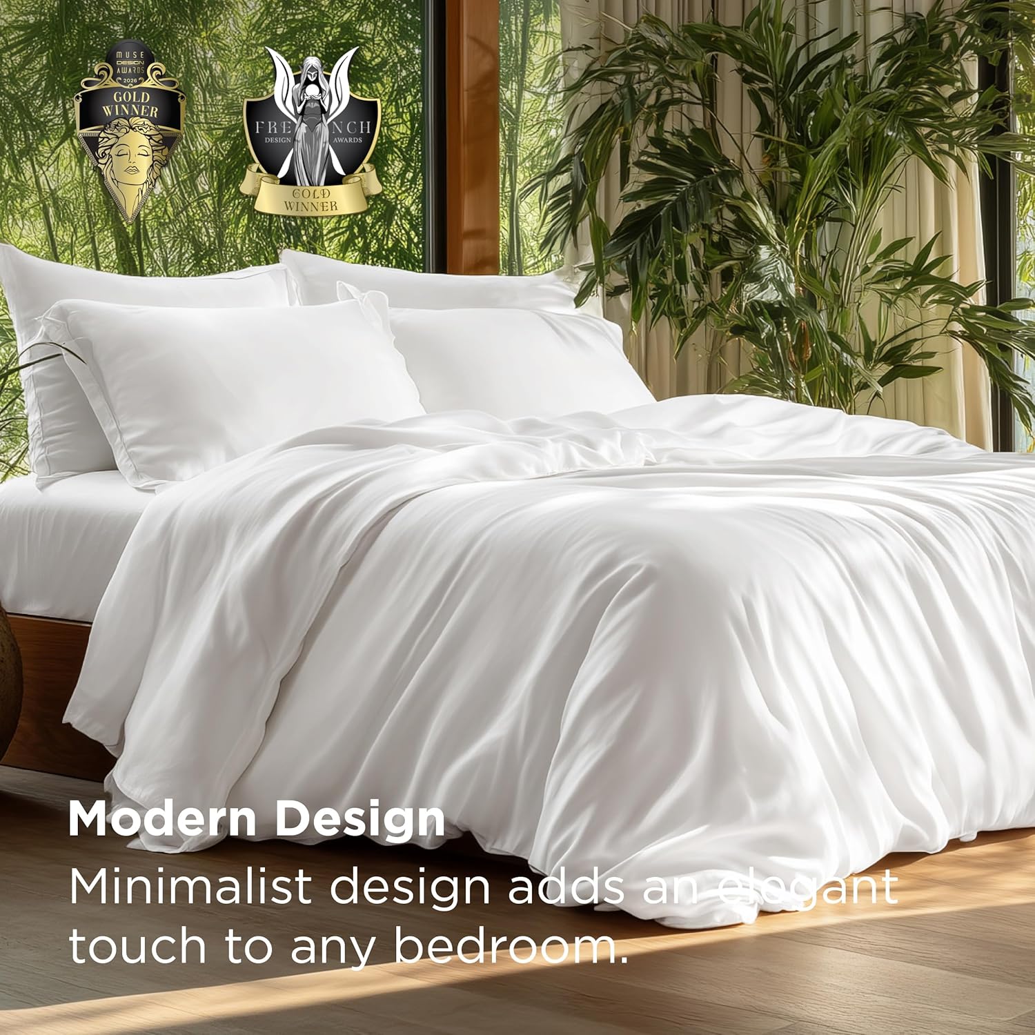 Bedsure 100% Viscose Bamboo Duvet Cover - Lightweight Cooling Comforter Set for Hot Sleepers | Queen Size, Pure White