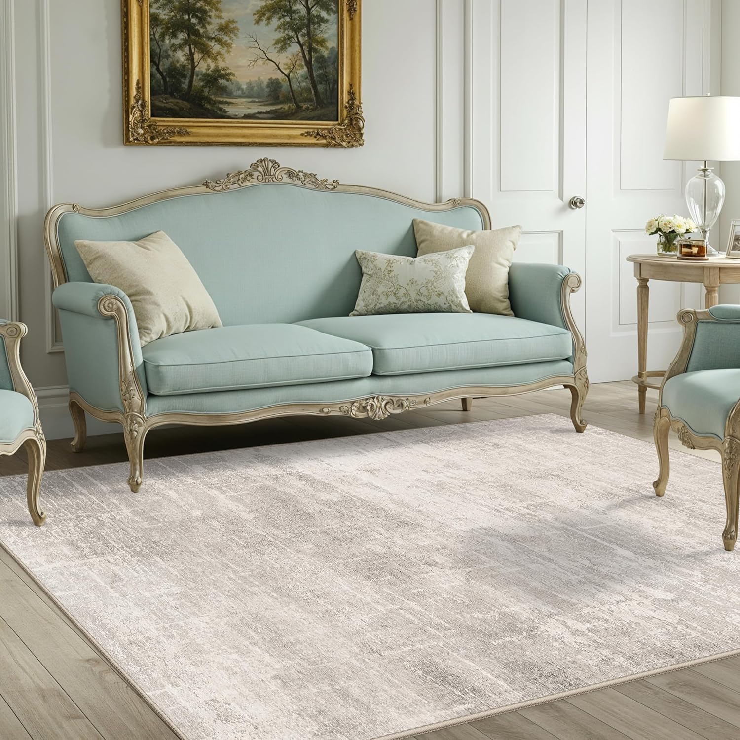 Skiennix 4x6 Area Rug - Washable Abstract Non-Slip Carpet for Living Room, Kitchen & Office | Beige/Cream