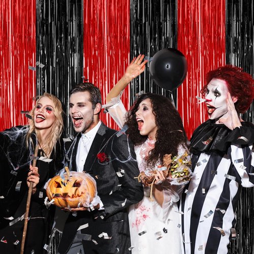 4 Pack Halloween Backdrop | Red & Black Metallic Tinsel Curtains - 3.28 FT x 7.05 FT Party Decor