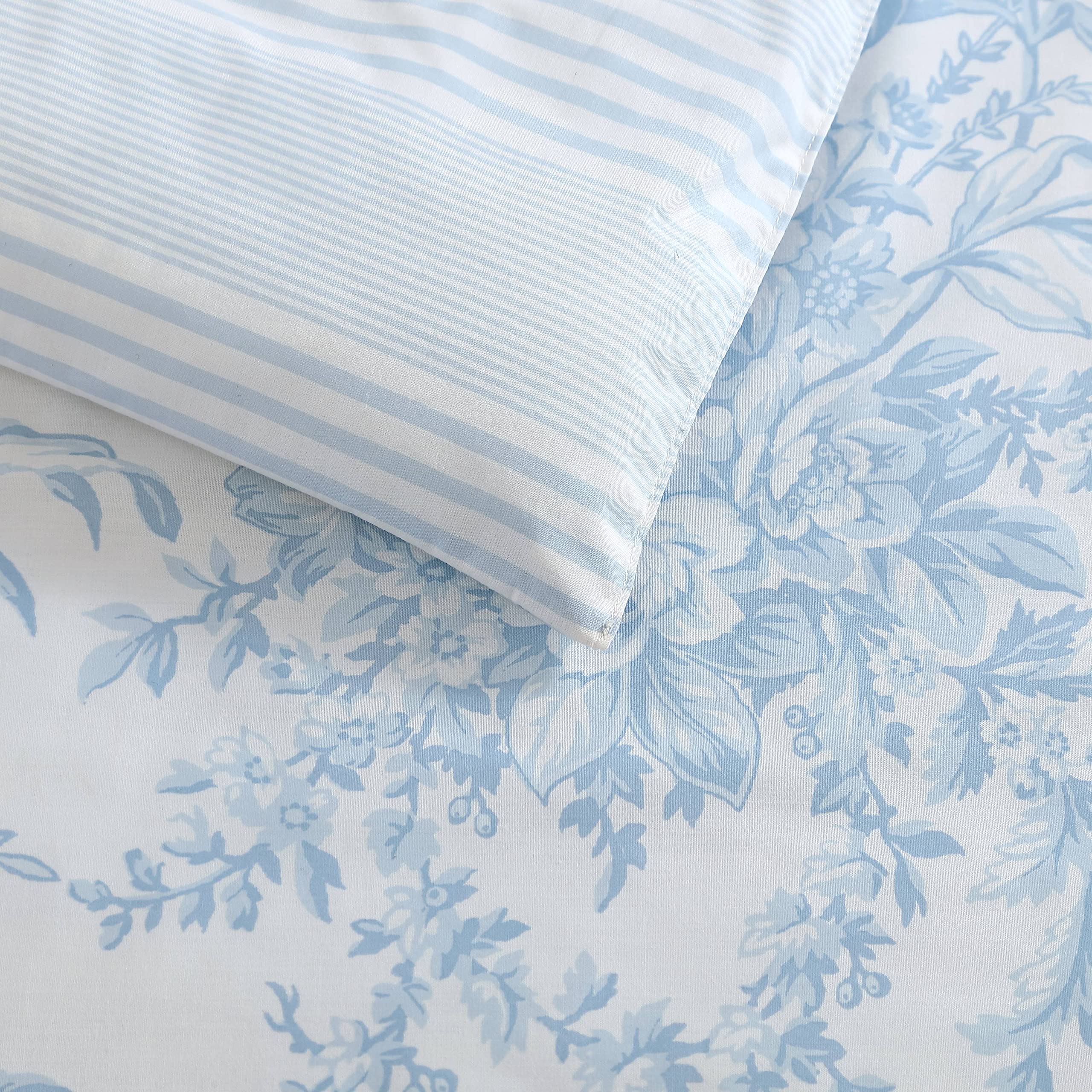 Laura Ashley- Twin Comforter Set, Cotton Reversible Bedding Set with Matching Sham(s), Farmhouse Home Décor (Bedford Blue, Twin)