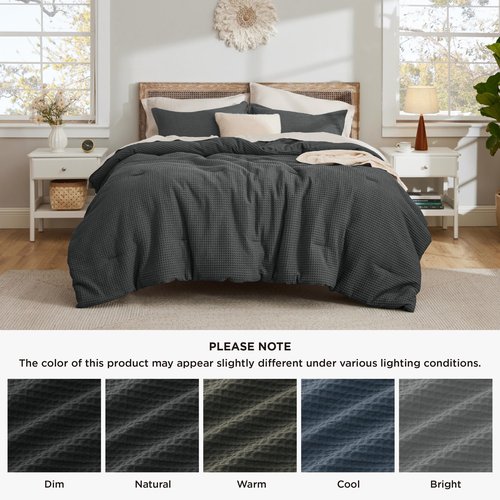 Bedsure Waffle Comforter Set King, Charcoal Soft Bedding, Waffle Weave Bed Set, 3 Pieces, 1 Comforter (104"x90") and 2 Pillow Shams, Cotton Shell and Polyester Lining for All Seasons