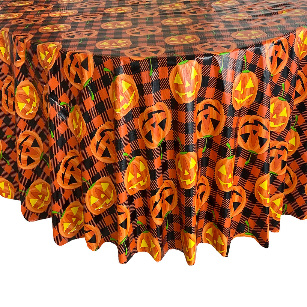 Newbridge Halloween Jack-O’-Lantern Vinyl Tablecloth with Flannel Backing, 70 Inch Round, Orange and Black Buffalo Plaid with Spooky Pumpkin Faces, Wipe Clean Halloween Table Cover