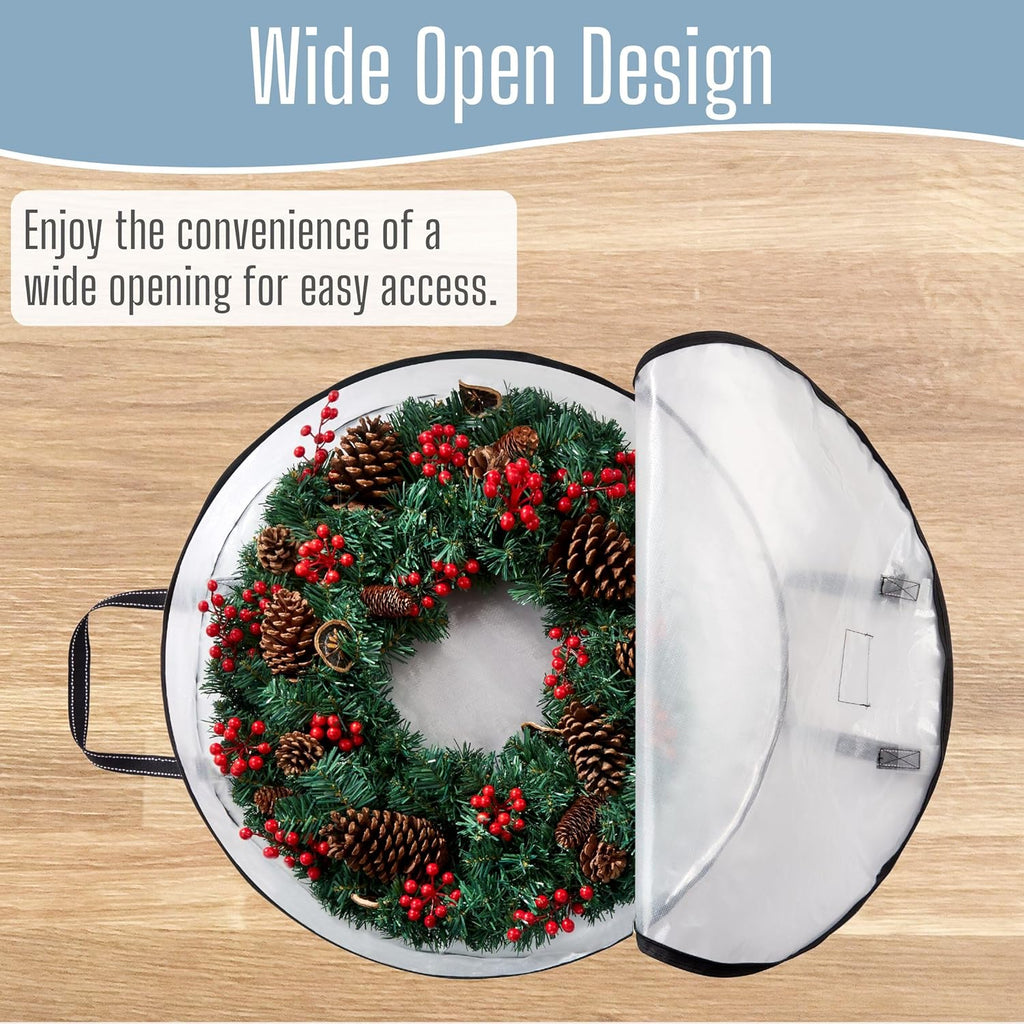 VENO Wreath Storage Container - 30 Inch Heavy Duty Clear Bag with Wall Hanging Handles | 4 Pack