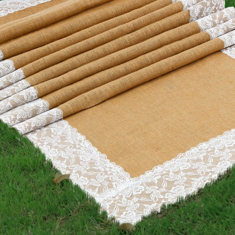Preboun 3ft x 30 ft Wedding Aisle Runner Outdoor Natural Burlap Aisle Runner for Wedding Ceremony Wide Rustic Jute Carpet Rug with Lace Outdoor Beach Ceremony Decorations for Garden Lawn Church