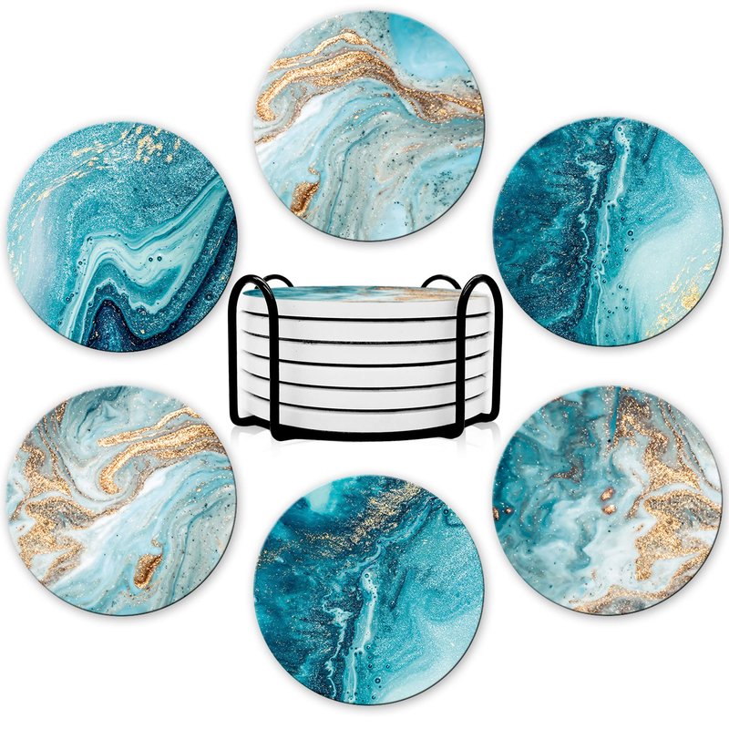Dooke Coasters for Drinks, Round Absorbent Ceramic Stone Coasters Set of 6 with Cork Base, Funny Drink Coasters with Holder for Cold Drinks Wine Mugs and Cups Tabletop Protection, 4 Inches,Purple