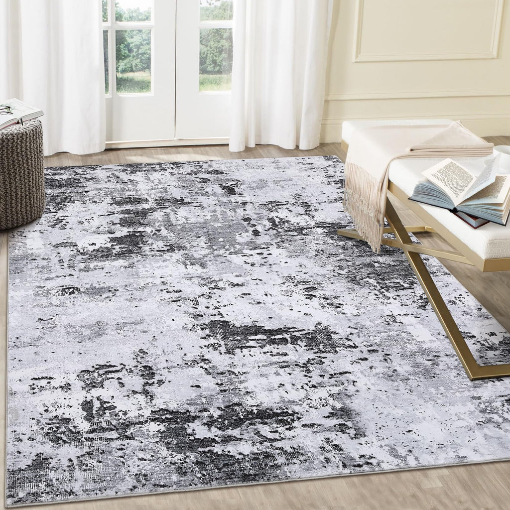 ROYHOME 8x10 Modern Abstract Rug Faux Wool Accent Ultra Soft Machine Washable Rug Non Slip Non Shedding for Bedroom Dining Room Office Home, Grey