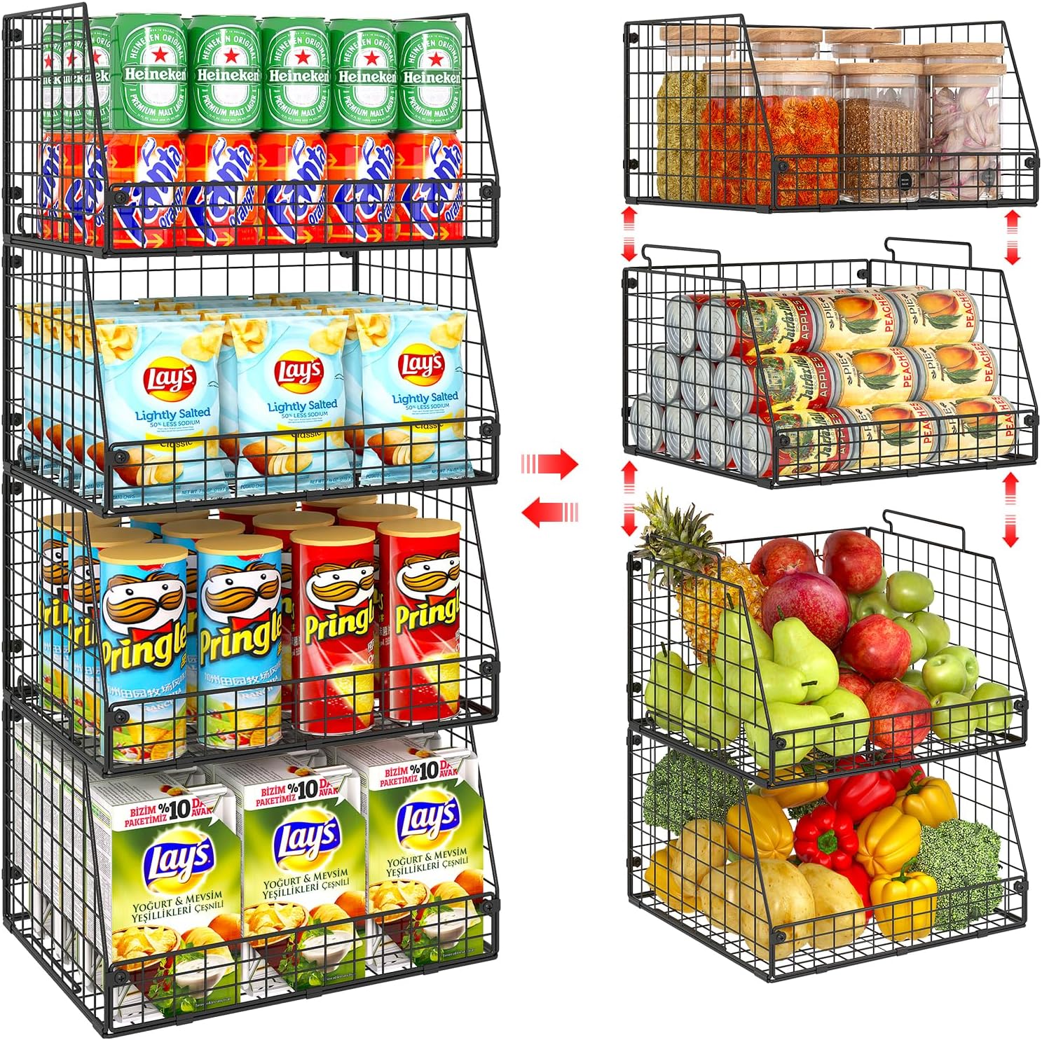 XXL Stackable Wire Storage Baskets by [Brand Name] - Extra Large Pantry Organizer for Fruits, Vegetables & Snacks