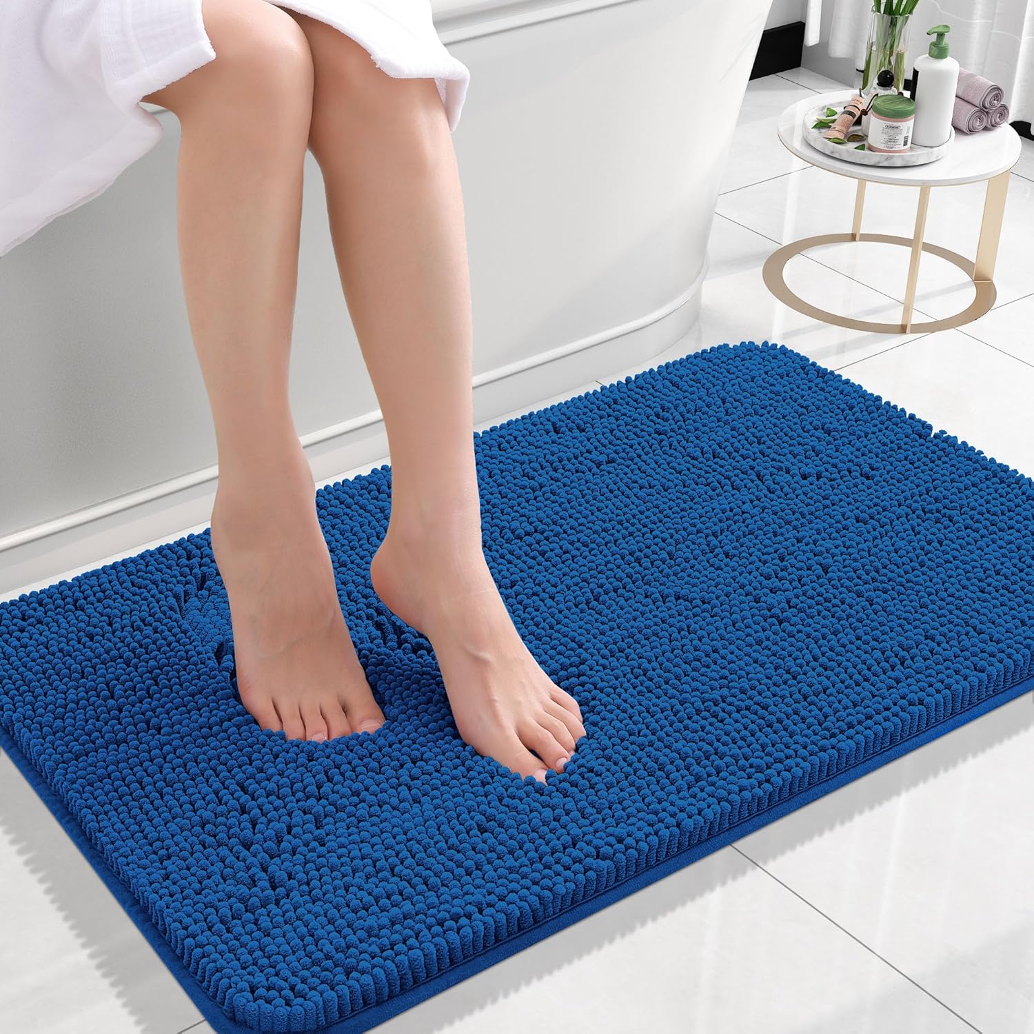 OLANLY Small Bathroom Rugs - Soft Absorbent Chenille Bath Mats | Quick-Dry, Machine Washable, Deep Navy Blue 24x16