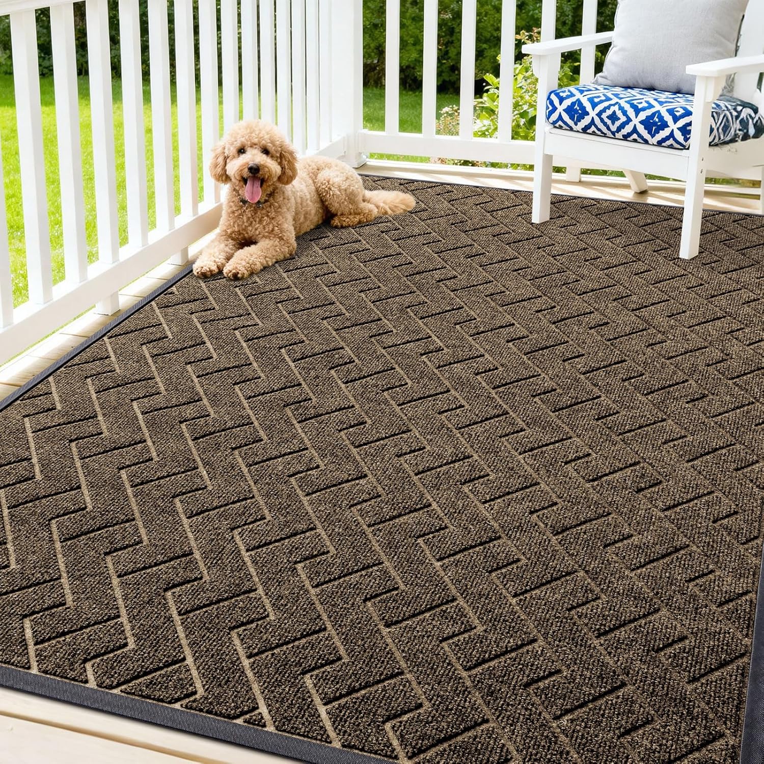 OLANLY Waterproof All-Season Front Door Mat - Sturdy Natural Rubber, Low Profile, Herringbone Brick (Brown, 71x47)