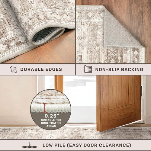 Hazo Haus Washable Area Rug - Non-Slip Boho Vintage Floral Design | 5x7 Beige/Latte for Bedroom & Living Room