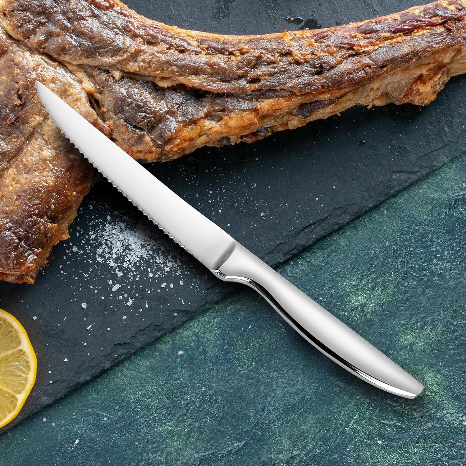 SuperCook Steak Knives Set - 12 Premium Stainless Steel Serrated Knives | Dishwasher Safe, Silver Finish