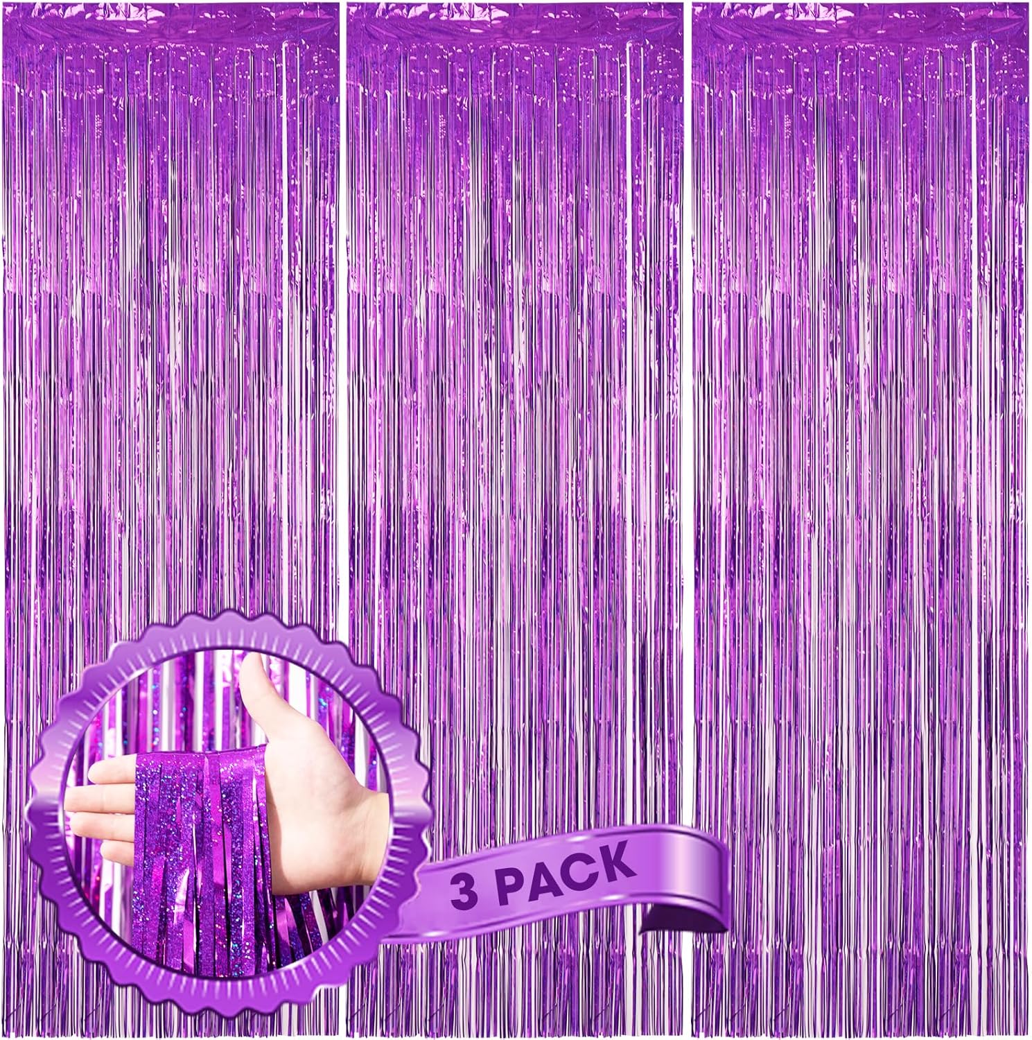 Voircoloria Laser Purple Foil Fringe Backdrop Curtains - 3 Pack 3.3 x 8.2 ft Tinsel Streamers for Parties