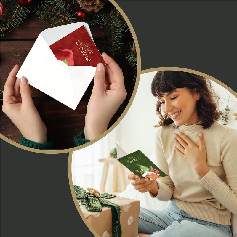 easykart labels 60 Christmas Gnome Cards with Envelopes & Sealing Stickers, 4 Christmas Theme Santa Designs With Gold Foling effect, 6.75" x 4.5" For Friends, Family and loved Ones