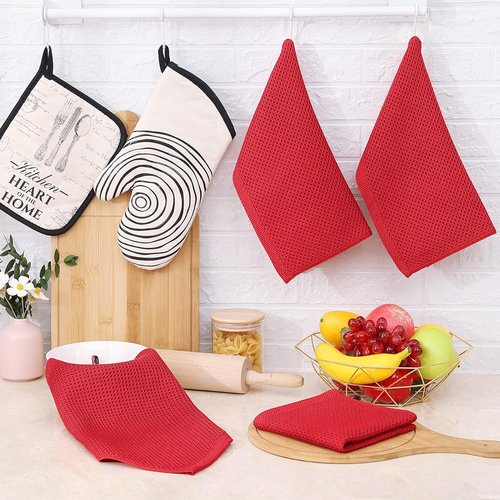Homaxy Kitchen Dish Cloths - Ultra Soft 100% Cotton Waffle Weave, Quick Drying, 12 x 12 Inches, 6-Pack, Red