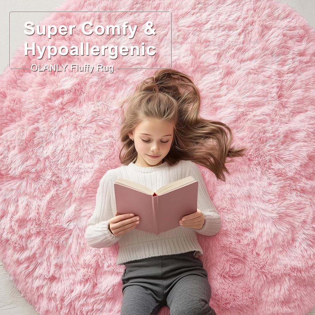 OLANLY Pink Round Area Rug - Soft, Fluffy, Machine Washable 2 ft Circle Carpet for Bedroom & Nursery Decor