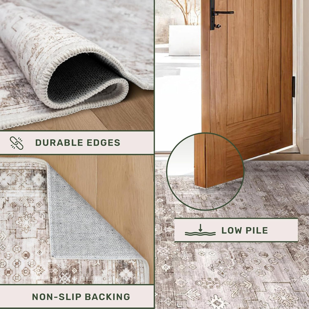 Regine Switzerland Washable Farmhouse Living Room Rug - 9x12 Large Boho Vintage Non-Slip Carpet in Beige/Latte