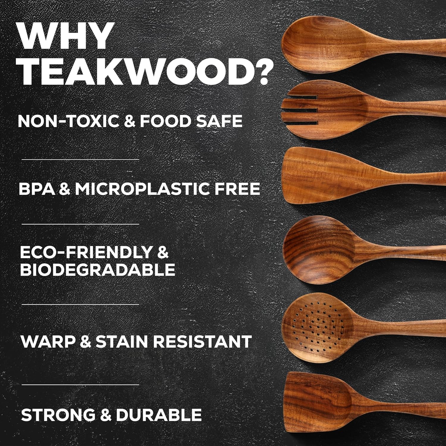 Zulay Kitchen Wooden Cooking Spoons Set - 6 Durable Teak Utensils with Comfort Grip, Easy to Clean
