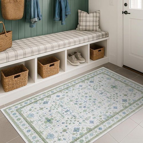 Hazo Haus Washable Rugs - Vintage Boho Floral Design in Blue and Green | 3x6 Low Pile Non-Slip Accent Rug
