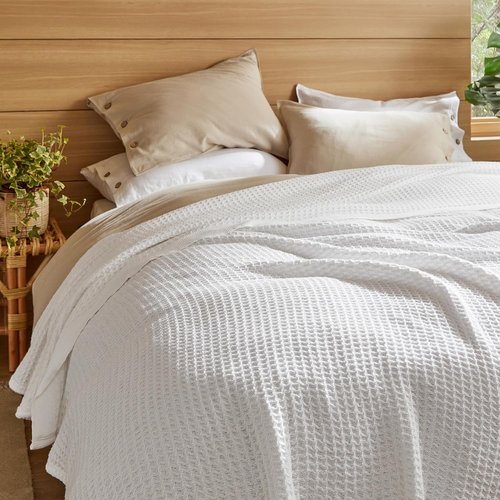 Bedsure Gentlesoft 100% Cotton Blanket - Cooling, Breathable Queen Size Waffle Weave | Soft White 90x90 Inches
