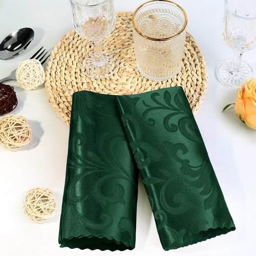 Aormenzy 50 Pack Hunter Green Satin Napkins 17 x 17 Inches Cloth Napkins Jacquard Satin Napkins Scalloped Silky Napkins Square Brocade Napkins for Wedding,Banquet,Party Decoration, JX202401310010